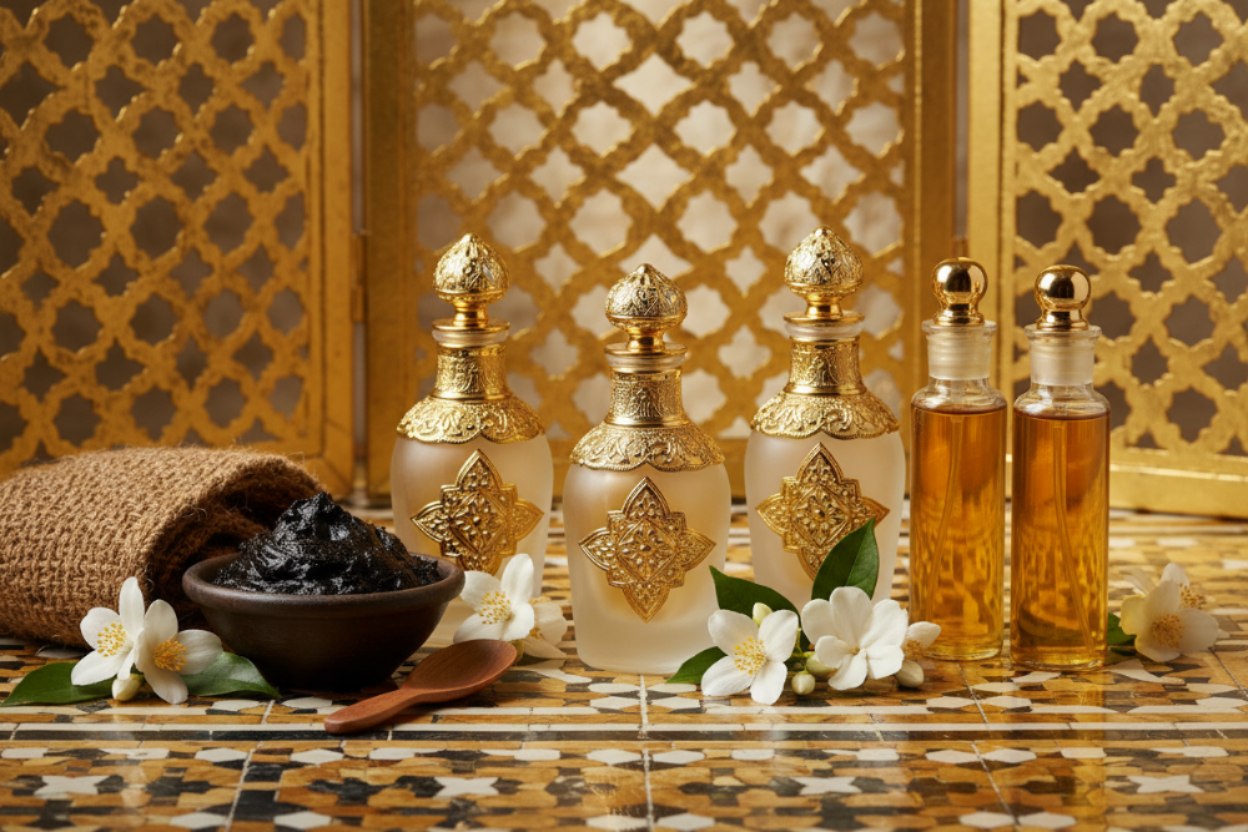 for image banner. Picture in oriental style with arabian perfumes, kessa peeling glow, maroccan black soap, argan oil and white flowers